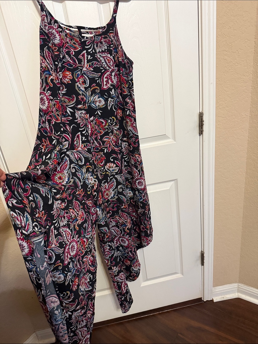 dressbarn Black Floral Paisley Spaghetti-Strap Jumpsuit